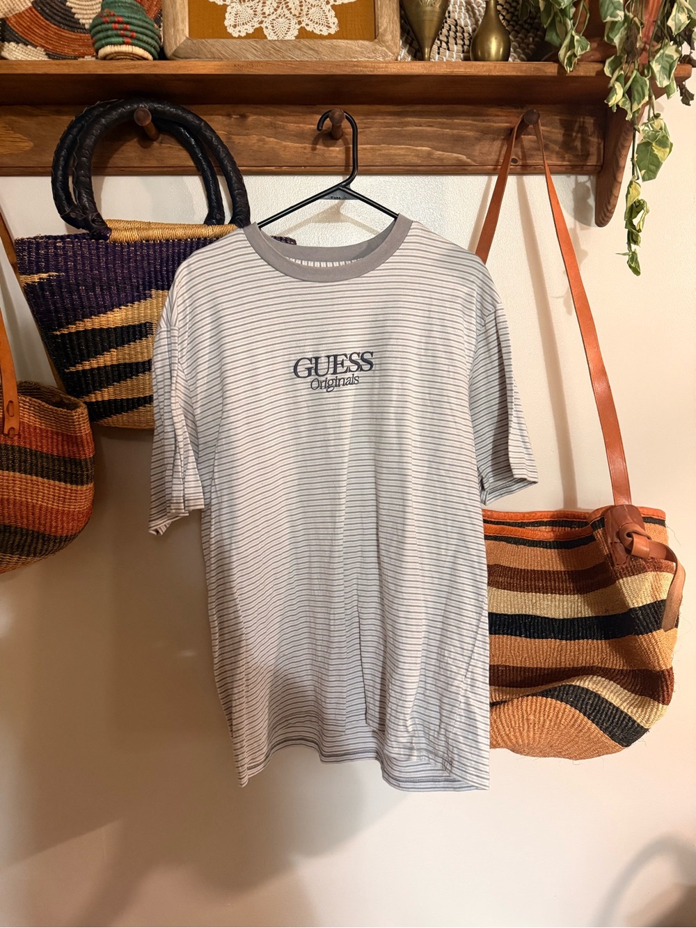 Guess Originals Short Sleeve Striped Tee in Light Gray and Navy